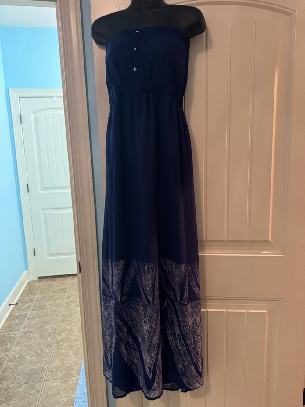 The Limited Navy Strapless Maxi Dress with Patterned Hem. Size XL